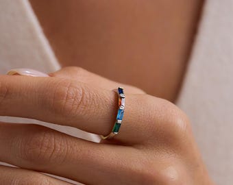 Baguette Birthstone Ring, Custom Stackable Gemstone Ring, Personalized Gift for Mom, Baby Shower Gift, Christmas Gift