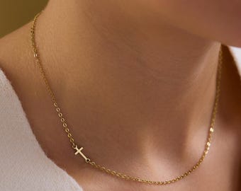 Sideways Cross Necklace, Dainty Gold Cross Necklace for Women, Tiny Minimalist Cross, Confirmation & Baptism Gift