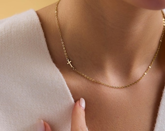 Side Cross Necklace, Minimal Faith Pendant, Dainty Chain Jewelry, Horizontal Cross Charm, Elegant Everyday Necklace, Gift for Women
