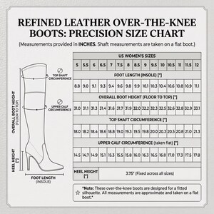 K&ouml;nnte beinhalten: Eine Gr&ouml;&szlig;entabelle f&uuml;r Overknee-Stiefel mit dem Titel REFINED LEATHER OVER-THE-KNEE BOOTS: PRECISION SIZE CHART. Sie enth&auml;lt eine Strichzeichnung eines Stiefels mit Beschriftungen f&uuml;r H&ouml;he und Umfang sowie eine Tabelle mit Ma&szlig;en in Zoll.
