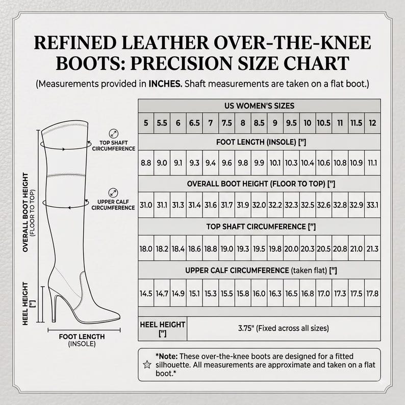 K&ouml;nnte beinhalten: Eine Gr&ouml;&szlig;entabelle f&uuml;r Overknee-Stiefel mit dem Titel REFINED LEATHER OVER-THE-KNEE BOOTS: PRECISION SIZE CHART. Sie enth&auml;lt eine Strichzeichnung eines Stiefels mit Beschriftungen f&uuml;r H&ouml;he und Umfang sowie eine Tabelle mit Ma&szlig;en in Zoll.