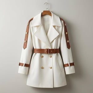 May include: A white double-breasted trench coat with brown leather accents on the shoulders and sleeves. The coat features a matching brown belt and gold-colored buttons. The coat is hanging on a wooden hanger.