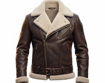 Men’s Brown Shearling Jacket – Genuine Leather Aviator Bomber Jacket, Warm Winter Fur Collar Coat