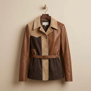Könnte beinhalten: Braune Lederjacke mit Taillengürtel und Kragen. Die Jacke hat ein Colorblock-Design mit braunen, beigen und dunkelbraunen Einsätzen. Sie hängt an einem Holzbügel vor einem neutralen Hintergrund.