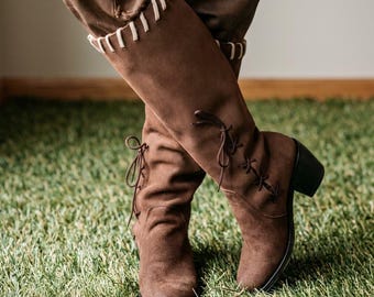 Knee High Western Boots for Women, Whipstitch Lace Up Suede Cowgirl Style, Vintage Boho Block Heel Y2K Festival Shoes, Tall Riding