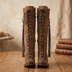 Könnte beinhalten: Ein Paar kniehohe braune Lederstiefel mit durchgehender Schnürung vorne und dunkelbraunen Schnürsenkeln. Die Stiefel sind mit langen, dekorativen Lederfransen an den Seiten versehen und weisen eine abgenutzte, rustikale Oberfläche auf.