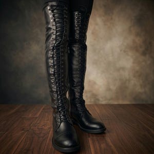 Puede incluir: Un par de botas negras por encima de la rodilla con un diseño de cordones frontal completo y ojales metálicos plateados. Las botas tienen una puntera redondeada con costuras decorativas sutiles y una suela plana.