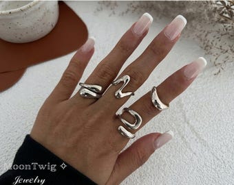 Asymmetrical Wide Silver Ring Set for Women Minimalist Statement Jewelry