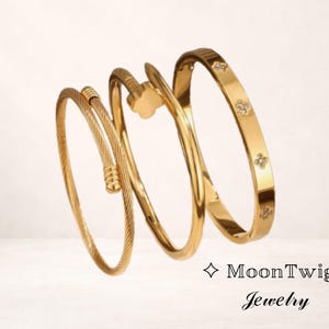 Gold Stainless Steel Flower Zirconia Bangle Bracelet Set for Women