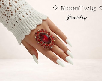 Oval Red Crystal Statement Ring Gold Tone Open Adjustable Ring