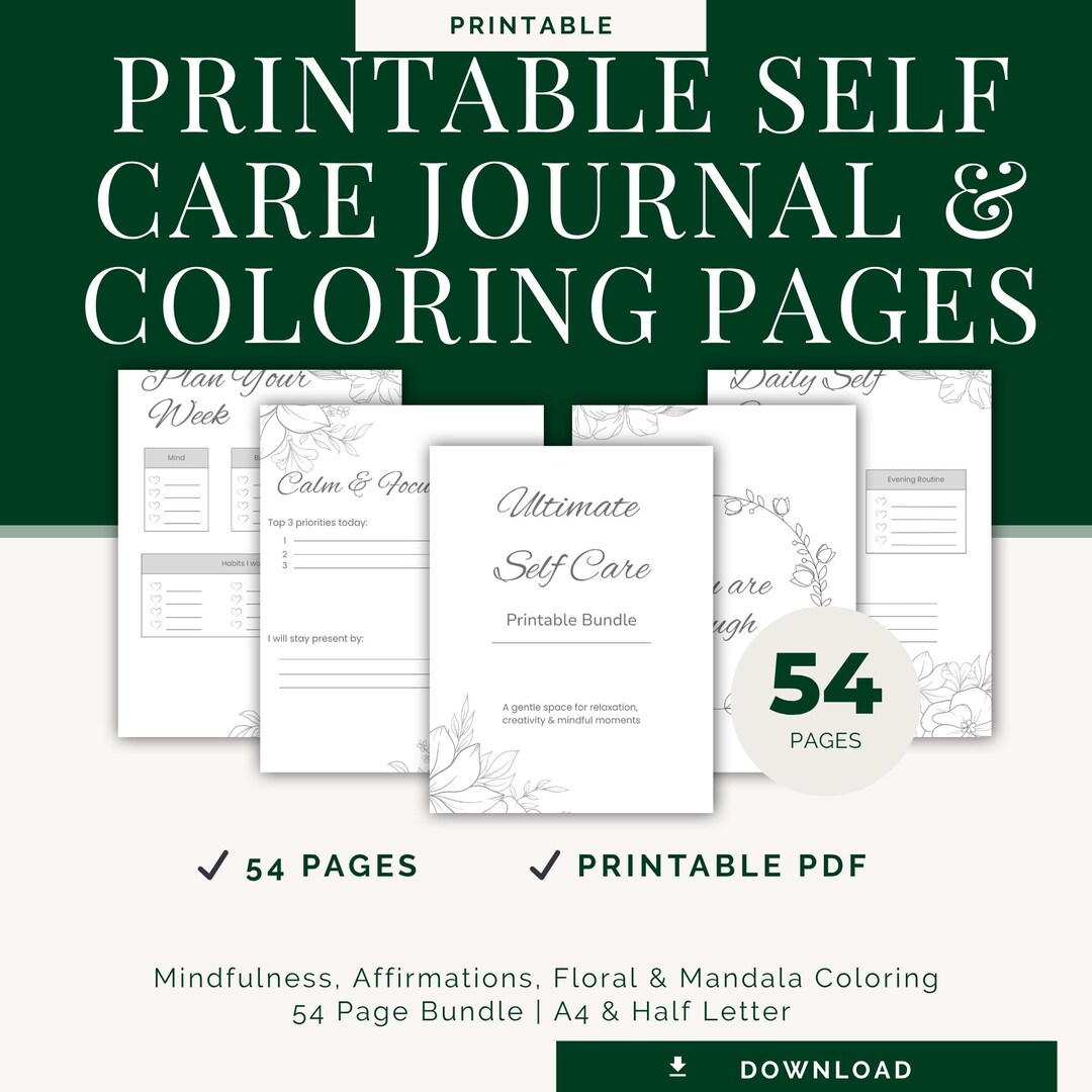 Printable Self Care Journal and Coloring Pages – 54 Page Bundle | A4 ...