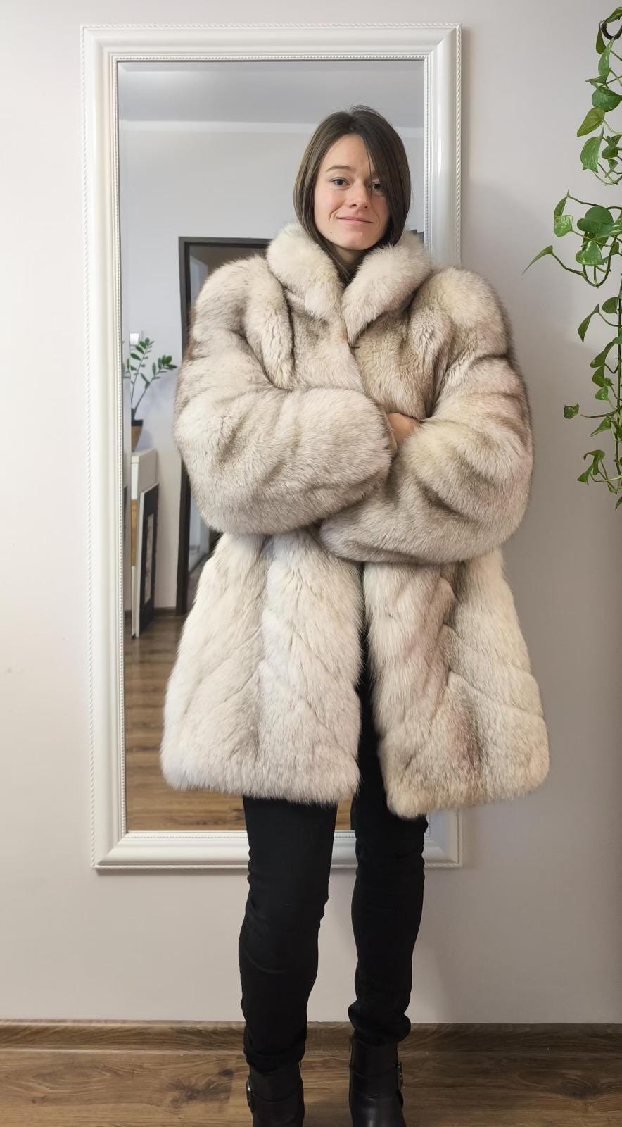 Manteau En Fourrure De Renard Polaire Argenté - Vintage, Tailles 36 à 42 - Occasion Très Bon état