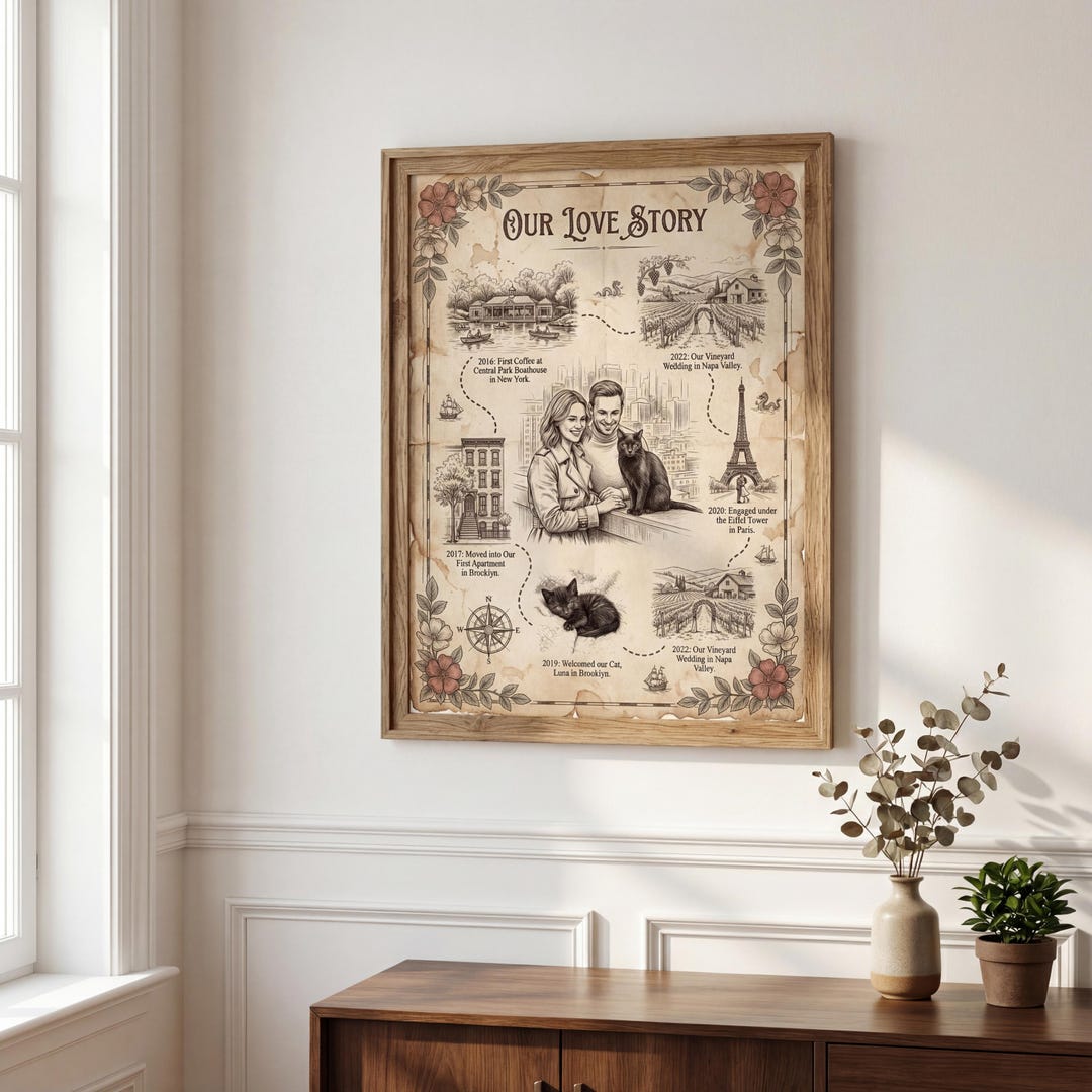 Personalized Love Story Map Print, Anniversary Gift With Cat (digital ...