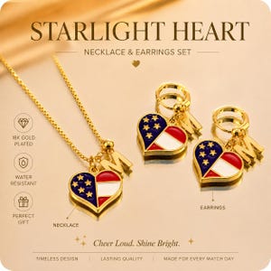 Può includere: Un set di collana e orecchini placcati in oro con ciondoli a forma di cuore caratterizzati da un motivo a stelle rosso, bianco e blu e dalla lettera M. Il set include una collana a catena e due orecchini a cerchio con cuori pendenti.
