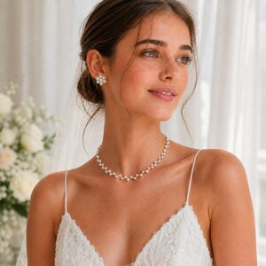 Freshwater Pearl Garland Necklace and Floral Stud Earrings Set, 4.5-5.5mm Pearl Jewelry, Bridal Wedding Guest Gift
