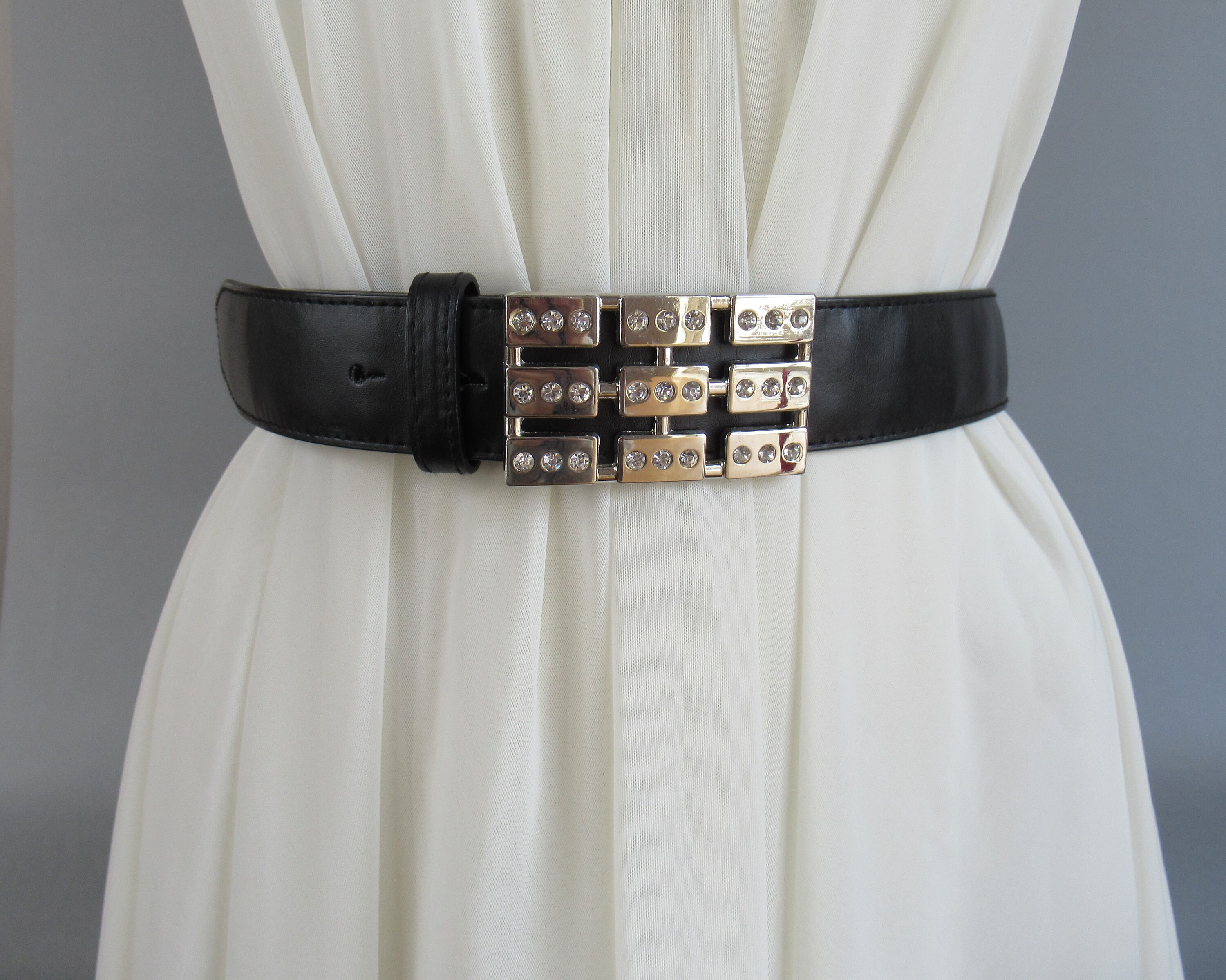 Vintage women’s black faux leather with gems embellished buckle Vintage Belt Rhinestones Buckle Black Faux Leather Belt  main image 3