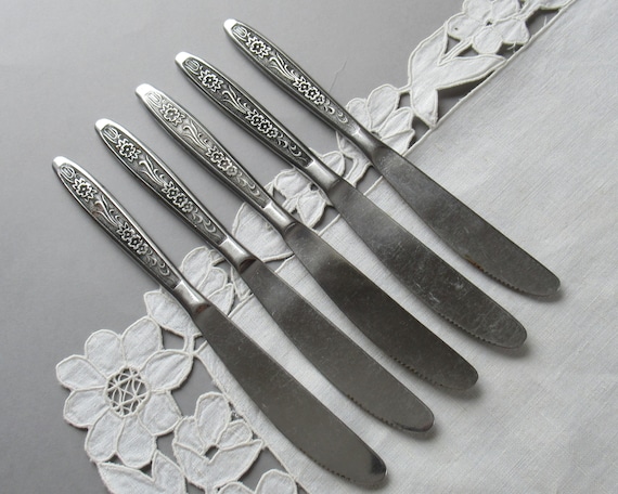 Vintage Floral Stainless Steel Knives, Set of 5, USSR Cutlery