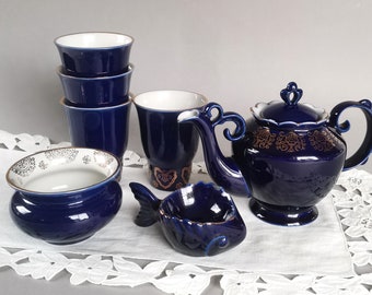 Vintage Cobalt Blue Porcelain Tea Set Teapot Serving Bowl Tea Cups Candy Dish Gold Blue Porcelain Ukrainian USSR Bronnitsy Porcelain Factory