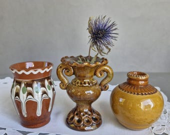 ヴィンテージの手作り緑と茶色の陶器の花瓶 - Etsy 日本
