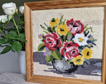 Vintage Floral Cross Stitch in Wood Frame, Embroidered Handmade Wall Art