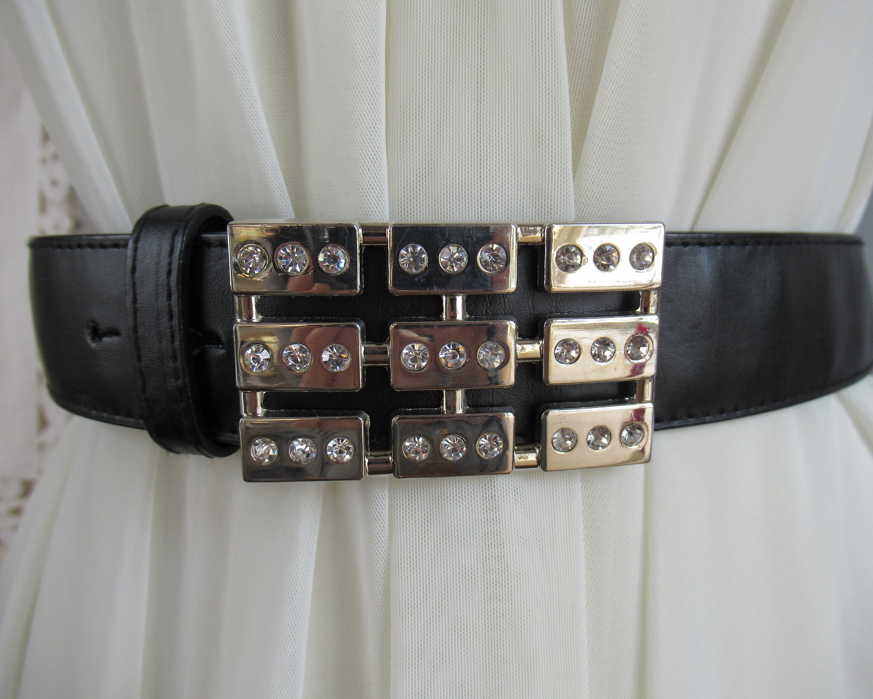 Vintage Belt Rhinestones Buckle Black Faux Leather Belt 