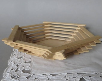 Vintage Tramp Art Wooden Basket - Hexagon Bowl