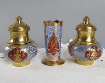 Vintage Brass Salt and Pepper Shaker and Toothpick Holder Set Indian Hindu Buddha Brass and Enamel