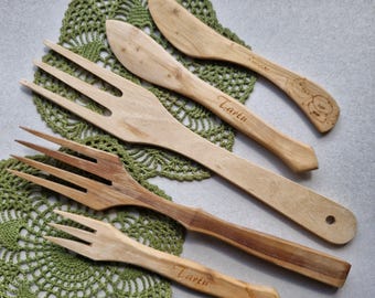 Vintage Carved Wood Fork and Butter Knife, Farmhouse Kitchen Decor