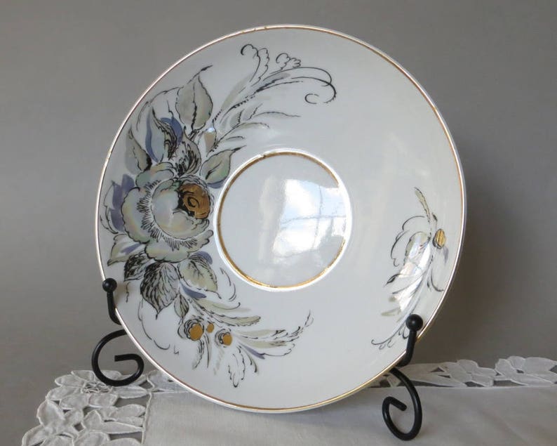 Vintage Lomonosov Serving Bowl LFZ Porcelain Floral Bowl Plate Gray White Gold Black Pearl