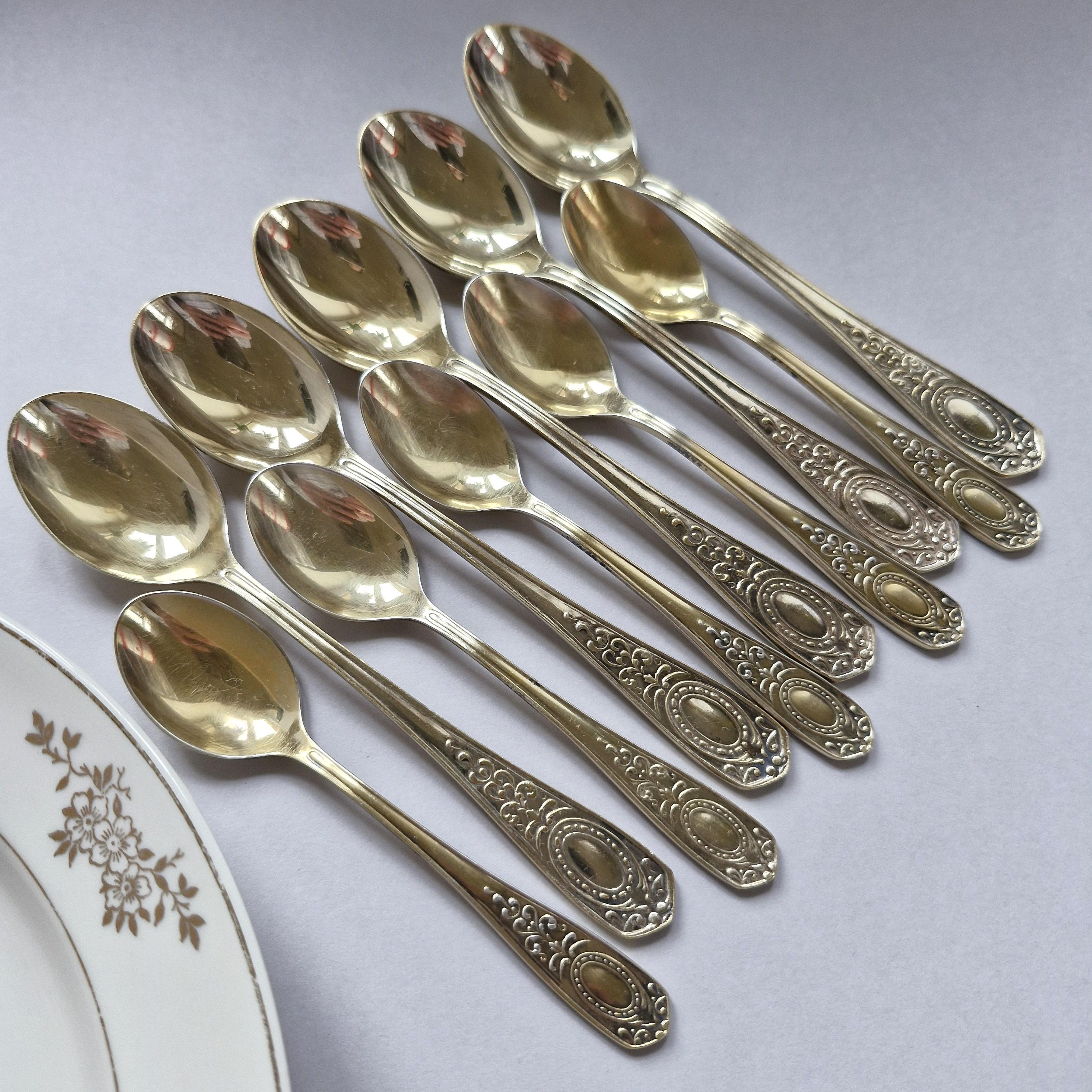 16 Cucchiaini Da Caffè Retrò In Cristallo E Lega Dorata – Intaglio Floreale – Stoviglie Eleganti Per Dessert