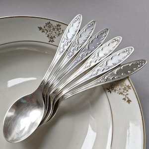 Vintage Dessert Spoons Set of 6 Silver Plated Spoons with French Art Nouveau Decoration German Silver