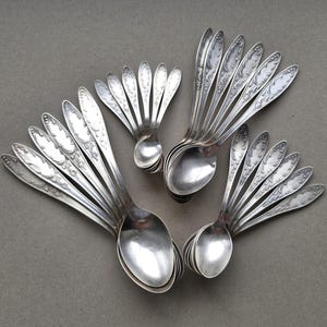 Puede incluir: Colección de cucharas de plata dispuestas en patrones en forma de abanico. Cada cuchara presenta un diseño floral ornamentado en el mango y un cuenco pulido y reflectante. Las cucharas están sobre un fondo gris neutro.