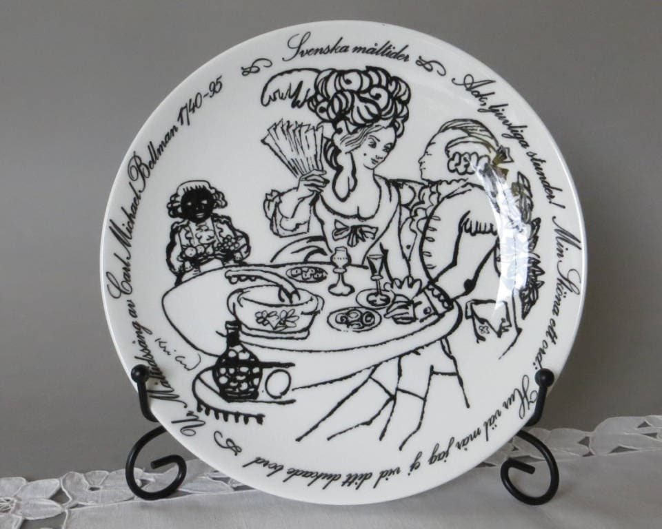 Vintage Gustavsberg Plate Collectible Plate Wall Plate 1974 Benporslin Swedish Meals White Black  Swedish Vintage Carl Michael Bellman B555