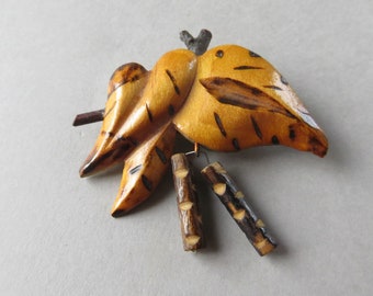 Vintage Wooden Brooch Leaves Ethnic Hand Made Wood Brooch Brown