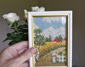 Vintage Cross Stitch Framed Picture Country Cottage Wall Decor Picture Hand Embroidered Needlepoint Wall Hanging