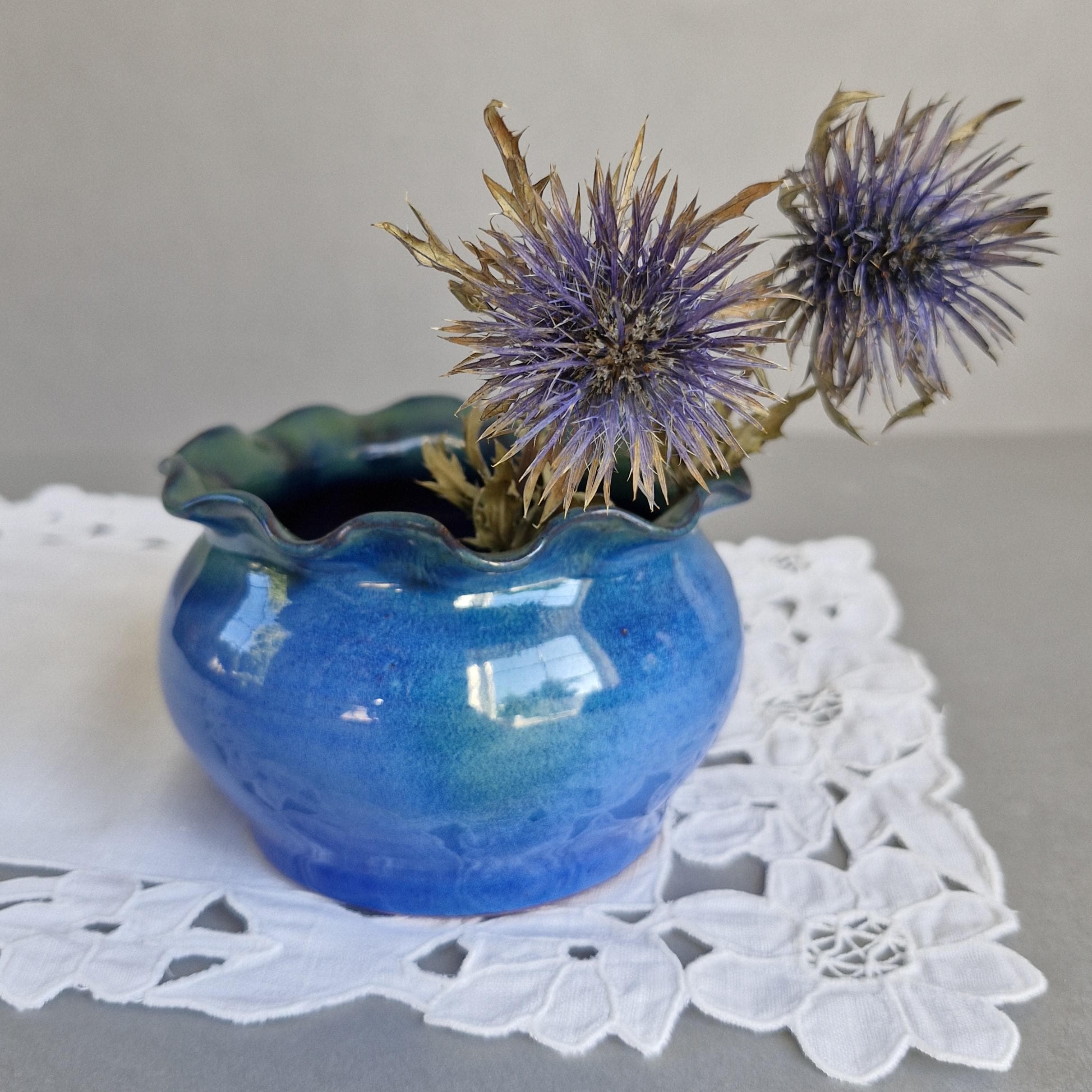 手作り陶器花瓶 ヴィンテージブルーセラミック花瓶、1970年代手作り陶器花瓶 - Etsy 日本