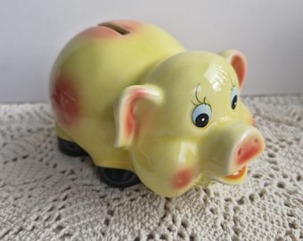 Vintage Pig Piggy Bank Money Box Coin Box Ceramic Yellow