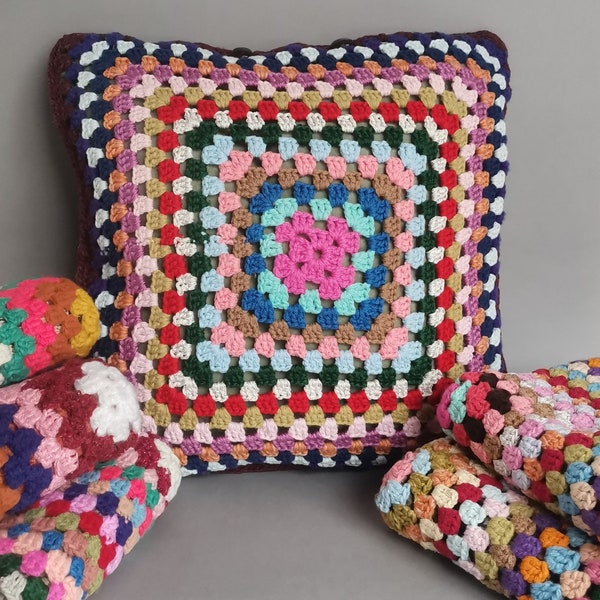 Vintage Granny Square UNUSED Pillow Cover Handmade Crocheted Pillow Case Multicolor