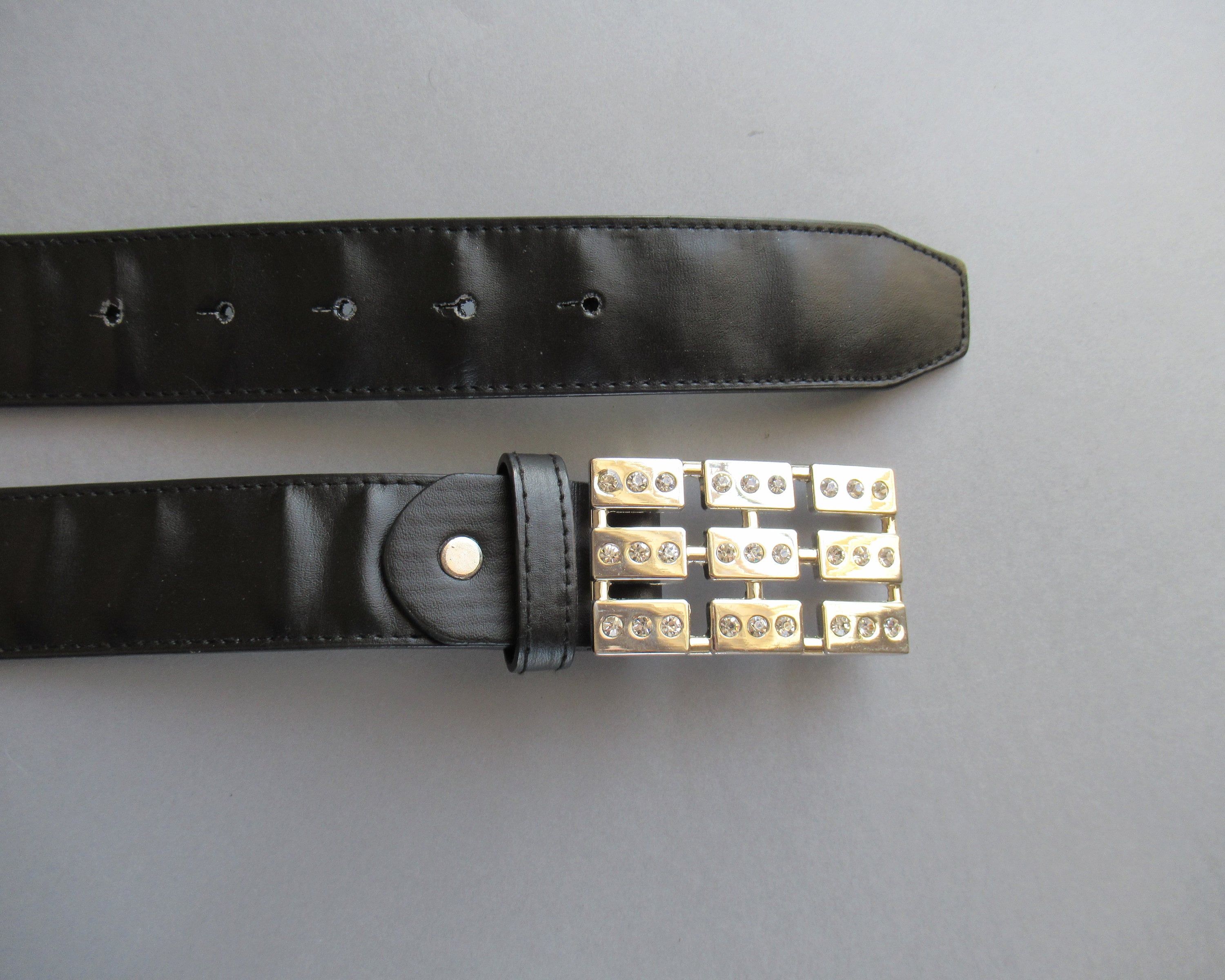 Vintage Belt Rhinestones Buckle Black Faux Leather Belt  display picture 1