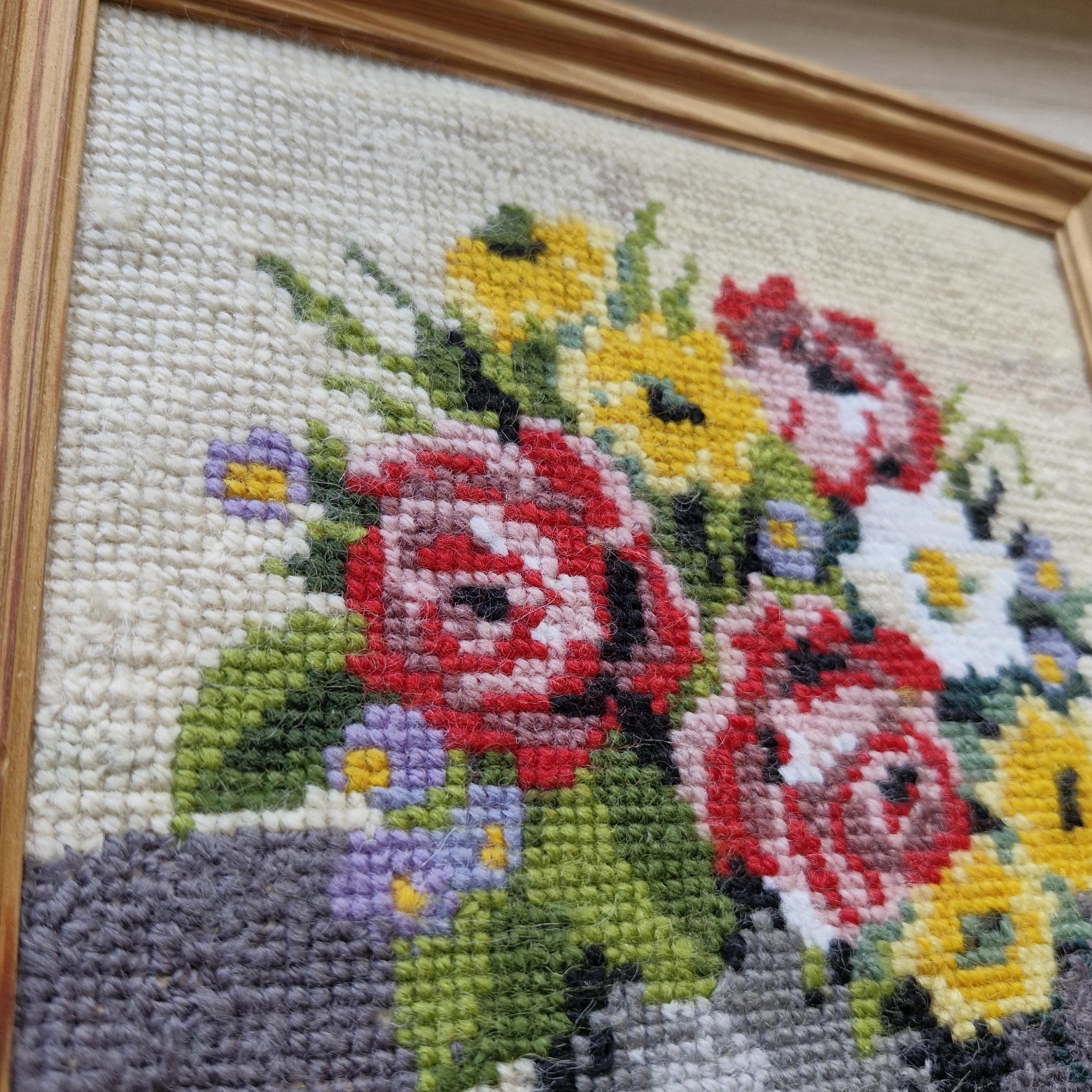 Vintage Floral Cross Stitch in Wood Frame, Embroidered  display picture 1