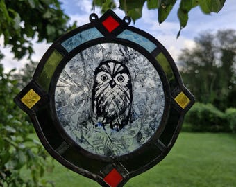 Vintage Stained Glass Owl Suncatcher, Window Hanging Art