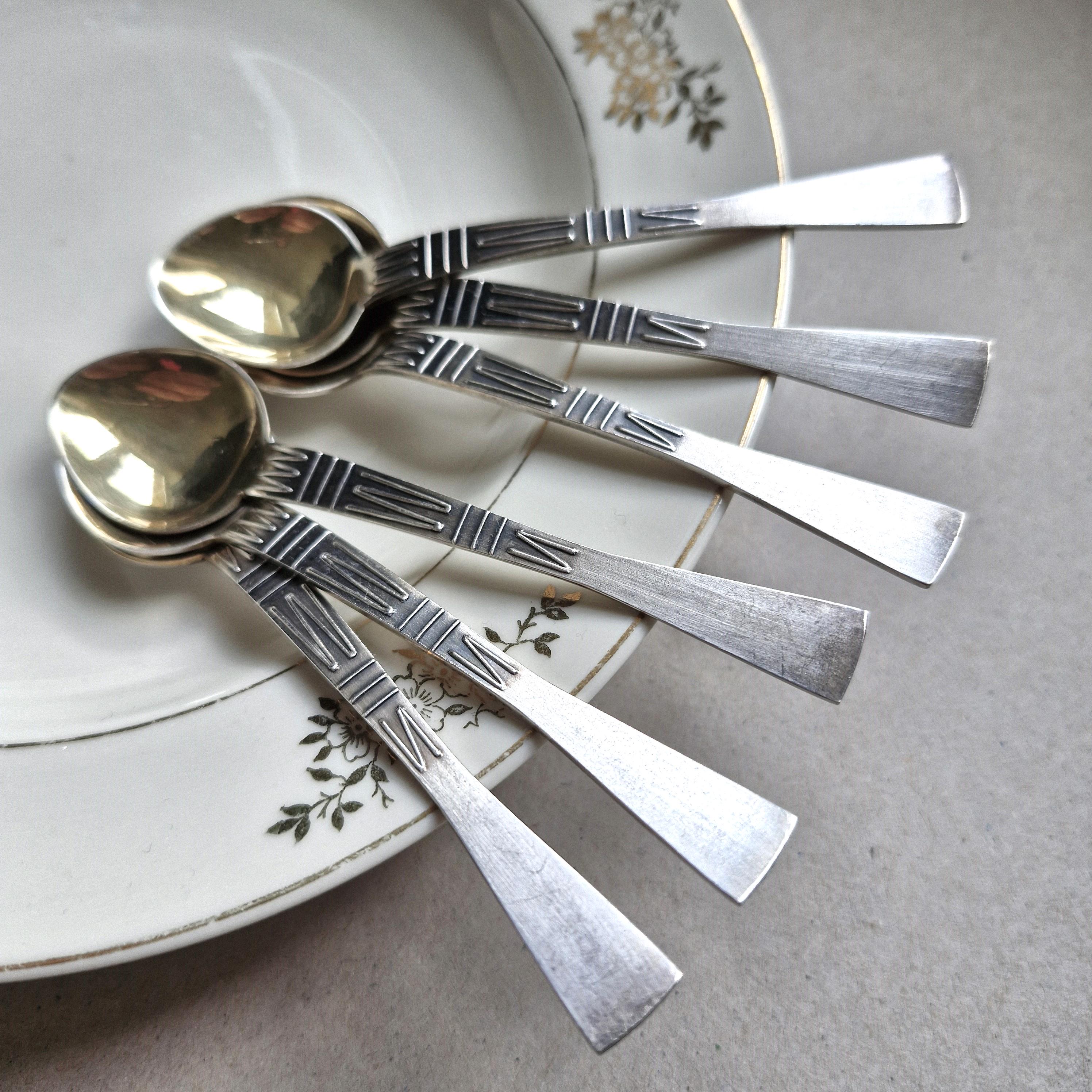 Vintage Gold Plated Coffee Spoons: Geometric Silver Handles, Set