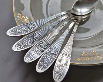 Vintage Teaspoons Silver Plated Spoon Set of 5 Floral Tea Spoons