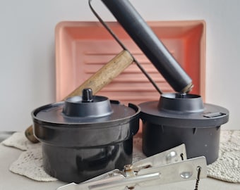 Vintage Photo Equipment 35mm Film Developing Tank, Photo Printing roller, Photographic Tray and Tweezers
