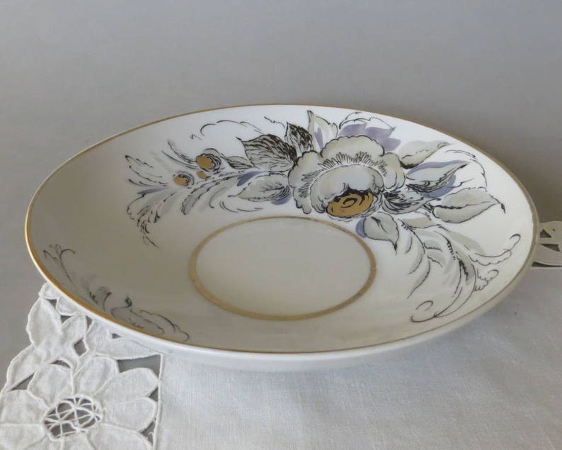Vintage Lomonosov Serving Bowl LFZ Porcelain Floral Bowl Plate Gray White Gold Black Pearl