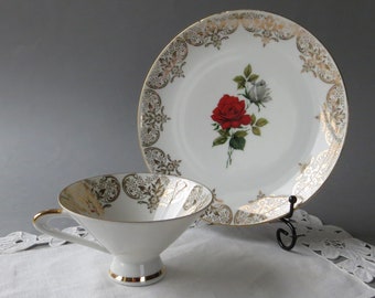 Servizio da tè vintage Winterling Bavaria, in porcellana Bone China con rose rosse e oro.