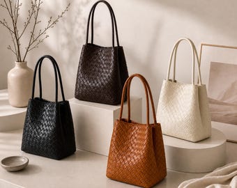 Torba typu bucket w stylu retro z plecionej skóry PU, duża pojemność na ramię, damska torba typu tote w stylu boho, codzienna torebka, stylowa i uniwersalna torebka