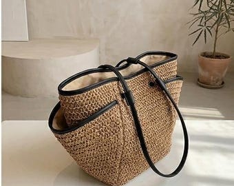Torba plażowa ze słomy, duża pleciona torba na ramię, torebka na letnie wakacje, torebka do pracy w stylu koreańskim, torba podróżna w stylu boho