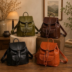 Leather Backpack, Drawstring Flap Shoulder Bag, Minimalist School Travel Bag, Large Capacity Casual Daypack
