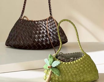Torba na ramię z tkaniny, torebka ze skóry PU pod pachą, ręcznie pleciona torebka z detalami palmowymi, szykowna, minimalistyczna torba typu tote w koreańskim stylu